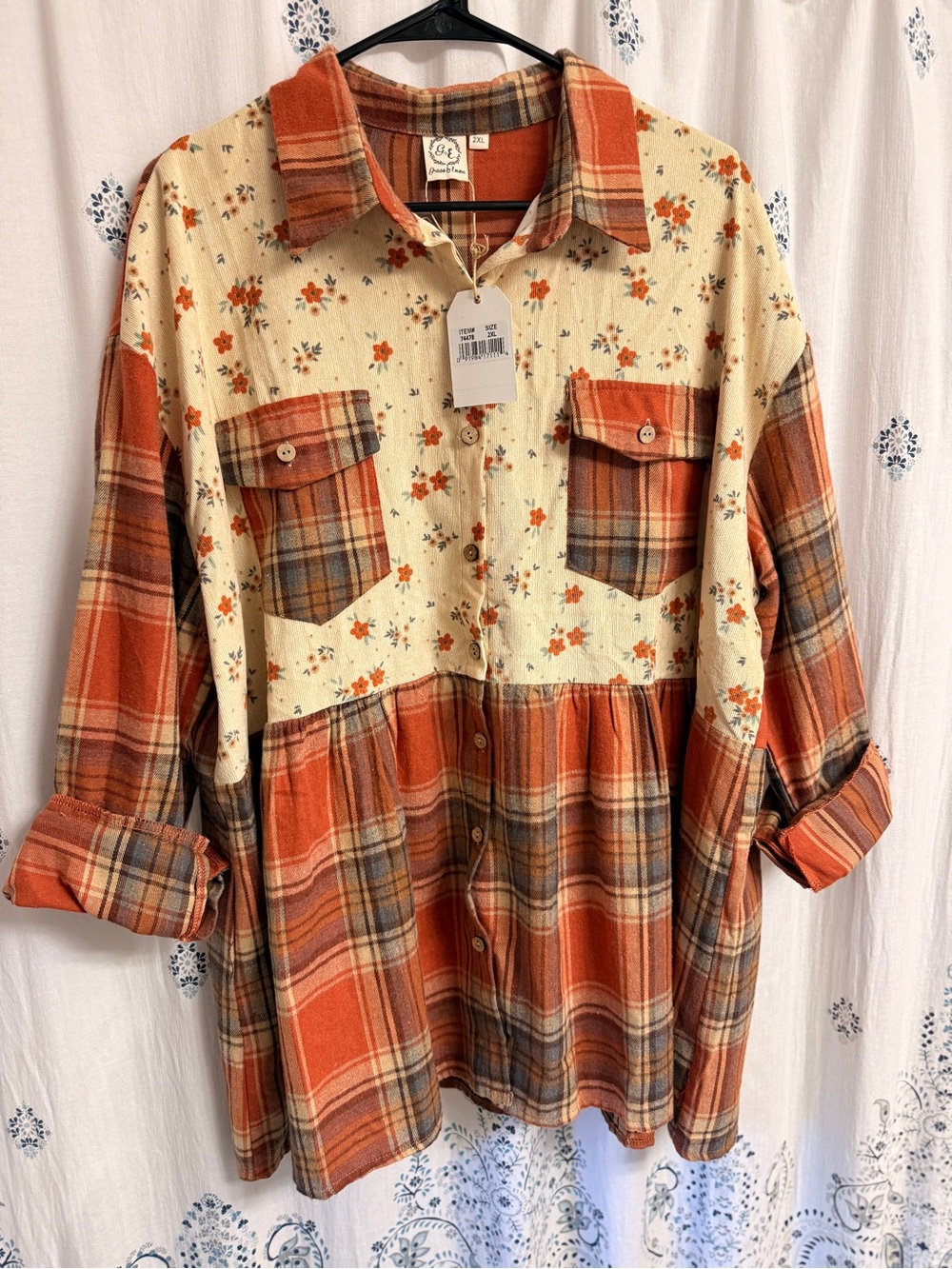NWT Orange Plaid Floral Babydoll Button-down Top by Grace & Emma, RARE Size 2XL